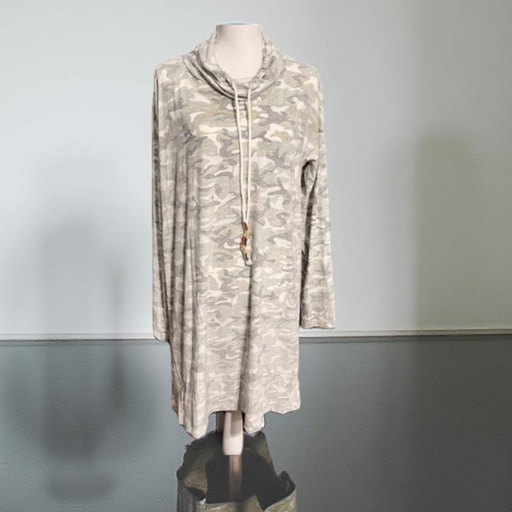 Camo Print top / Hem & Thread / Long Tunic or dress  Adjustable cowl neck L NWT